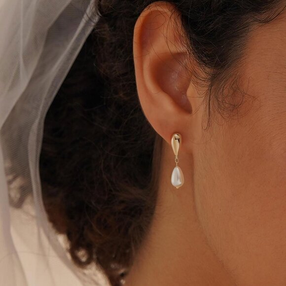 Dainty Pearl Drop Earrings for Women 14K Gold Plated CZ Wedding Stud Dangle Gift - Picture 3 of 6